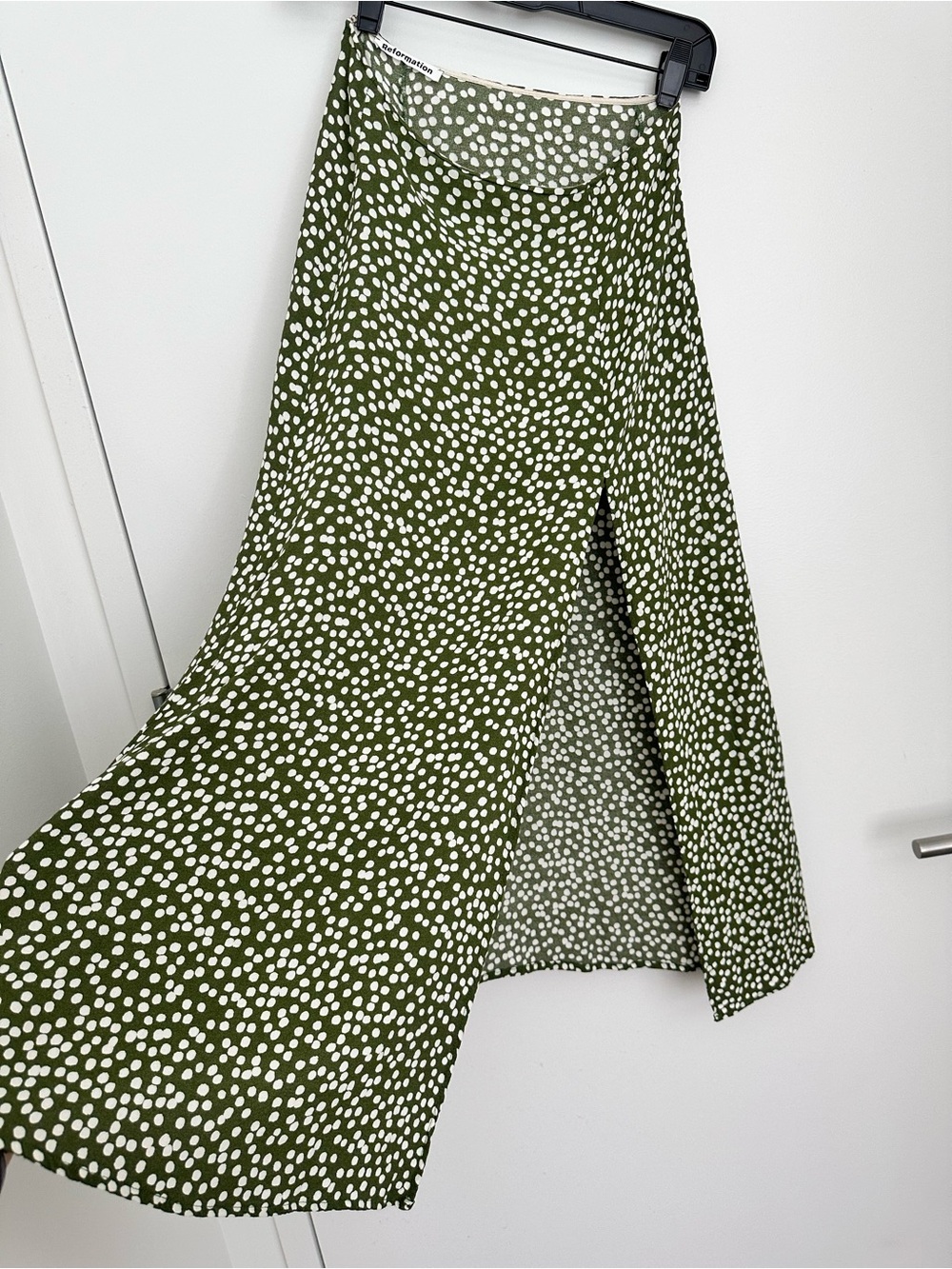 Reformation Olive White Polka Dot A-Line Midi Skirt - Picture 1 of 4
